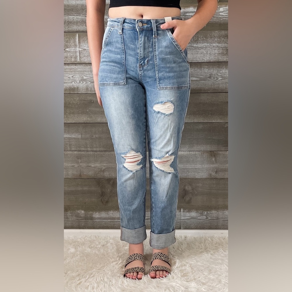 judy blue high waist patch pocket destroyed boyfriend jeans medium JB88825REG MD - Picture 5 of 16